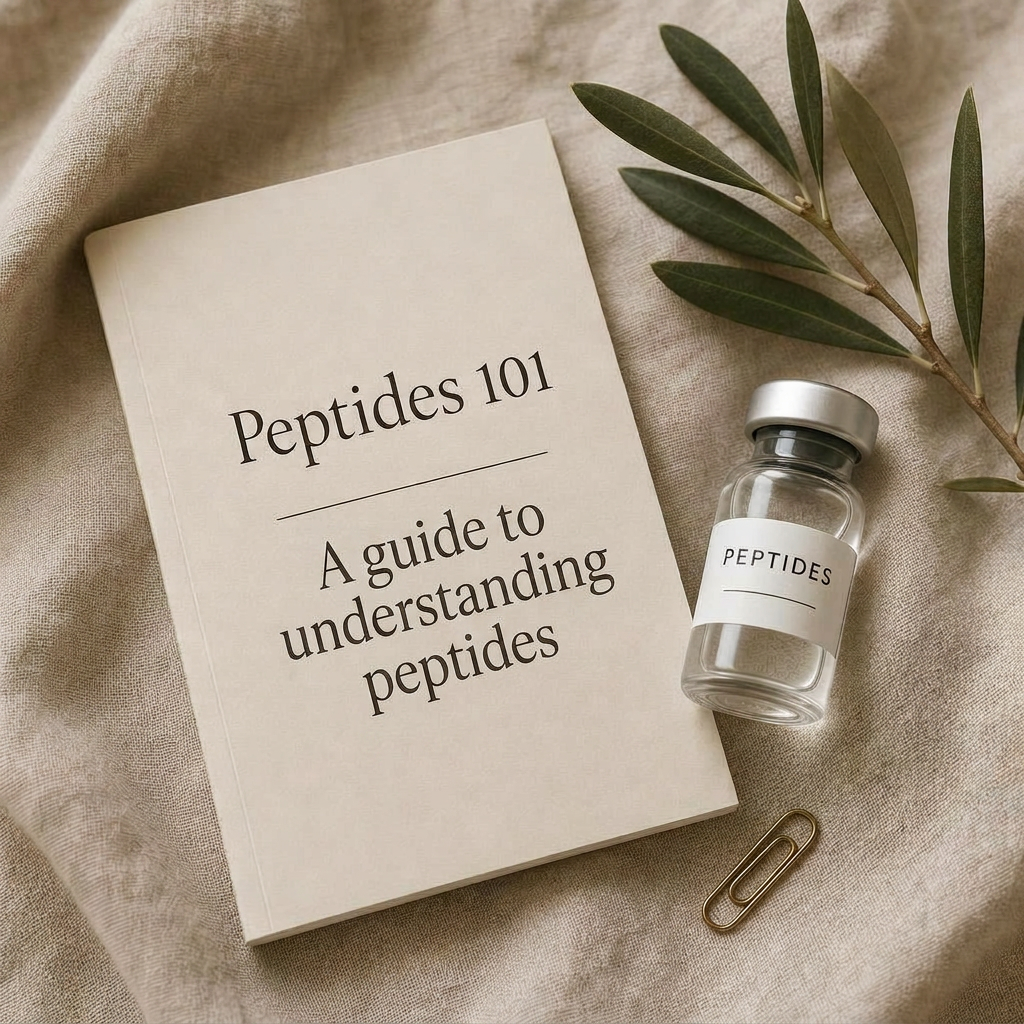Peptides 101 booklet on linen with vial and olive sprig